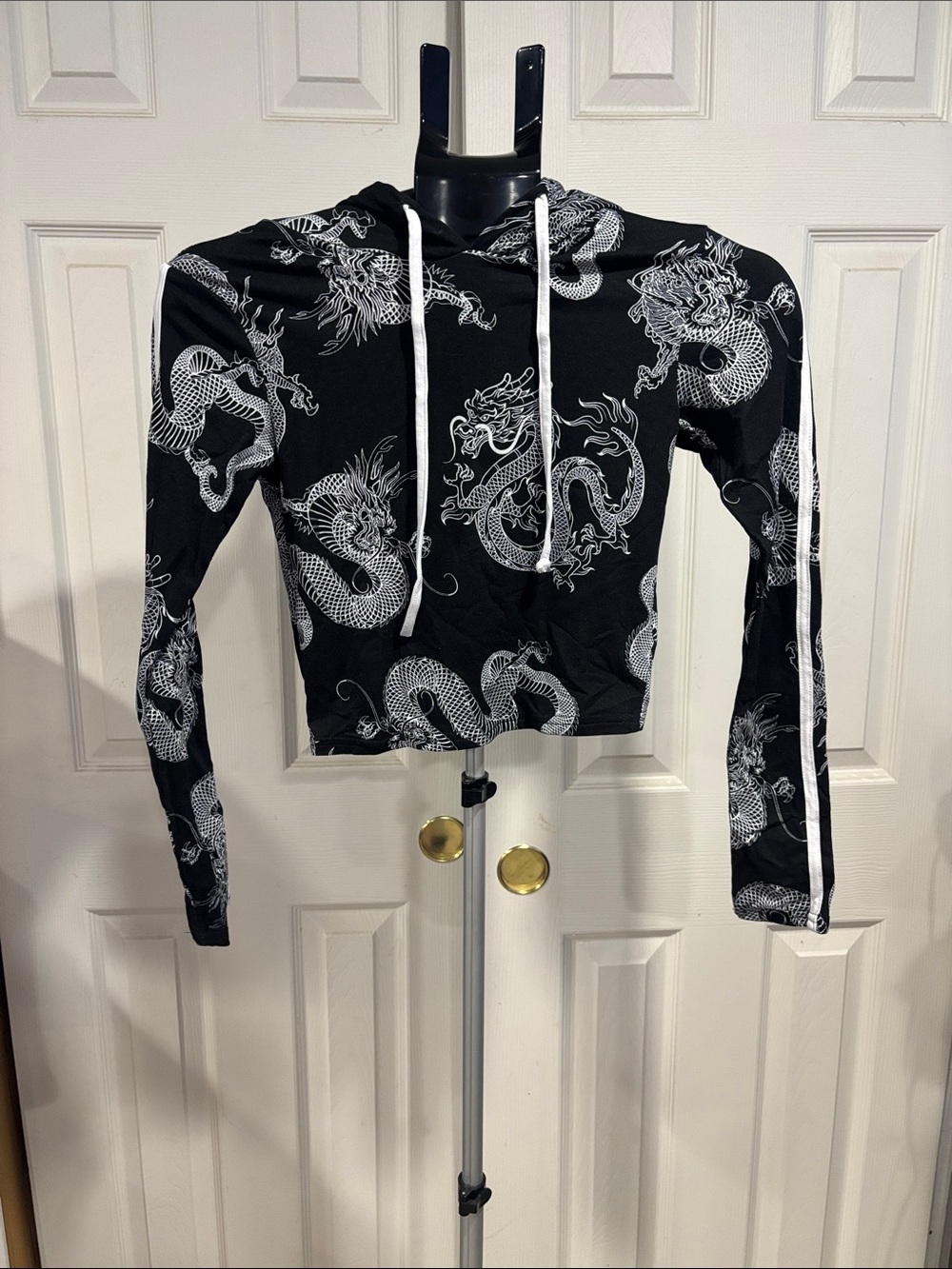 Black Dragon-Print Cropped Hoodie with White Stripes